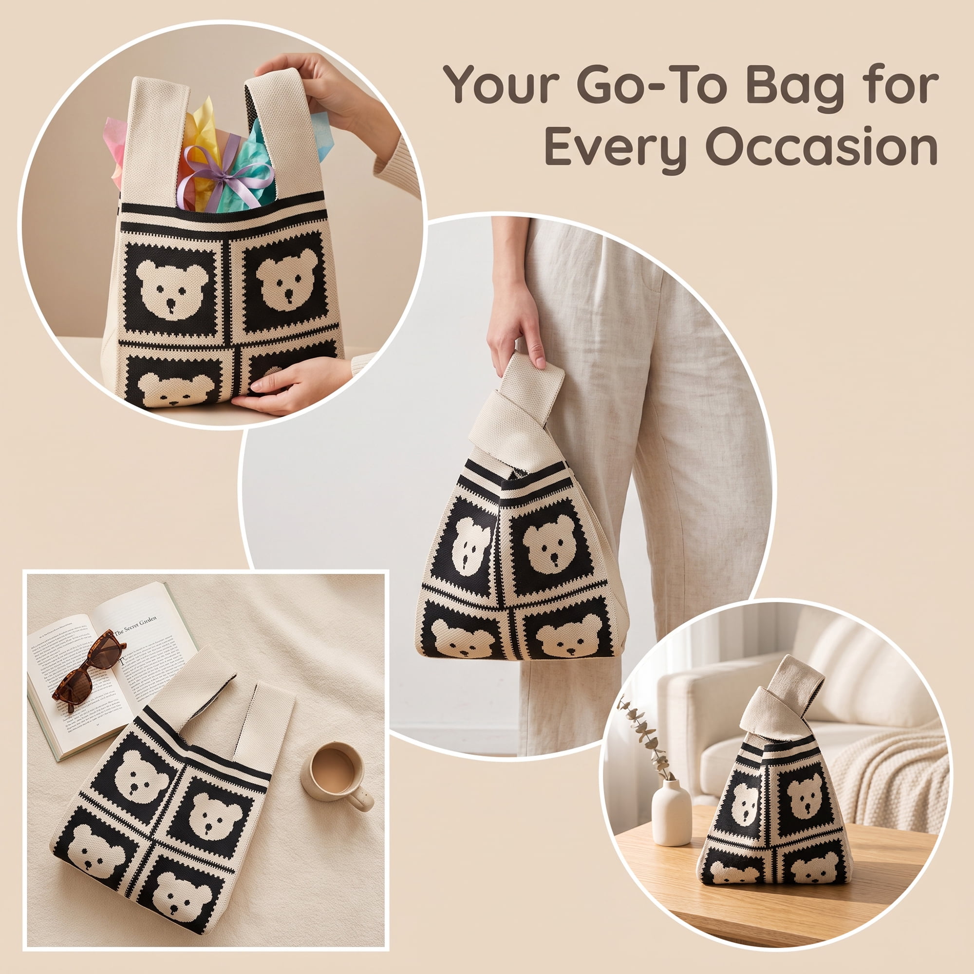Unique Bargains Cute Cartoon Gift Reusable Tote Bags with Handles  7.5" x 13.4" Bear