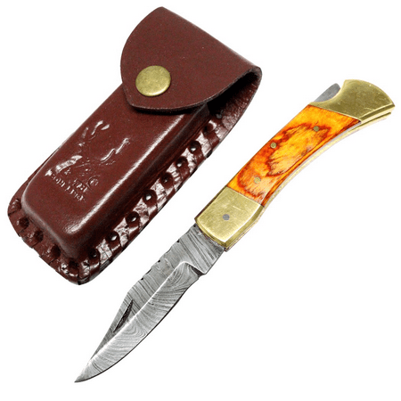 7 Hunting Folding Knife Damascus Steel Golden Wood Handle Hand Made New