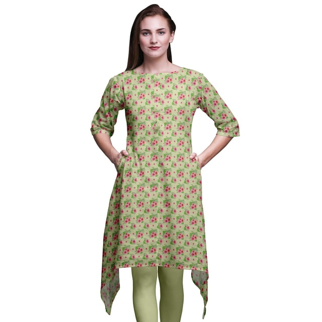 Bimba Kurti Asymétrique Beige à Imprimé Feuilles de Monstera et Floral pour Femmes, Robe d'Été Indienne Tunique, Très Grand