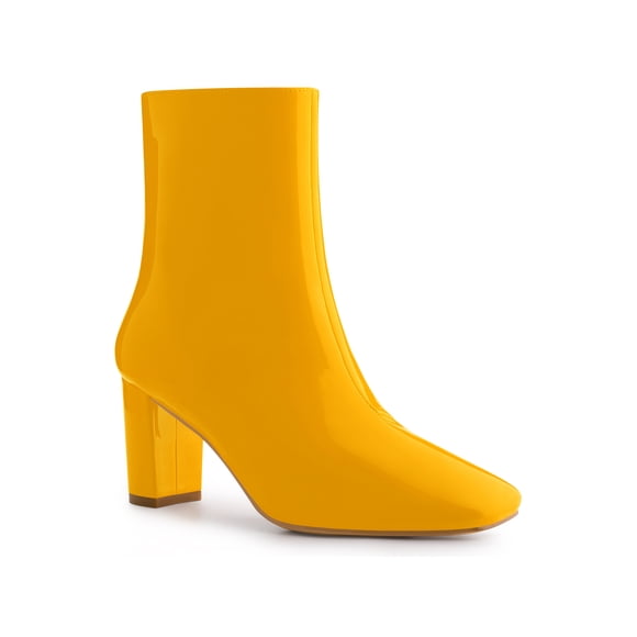 Unique Bargains Women's Square Toe Side Zip Chunky Heels Ankle Boots Yellow (Size 7)