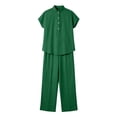 thumbnail image 4 of LEKWK Linen Sets for Women 2 Piece Short Sleeve Stand Collar Henley Tops and Loose Wide Leg Pants with Pockets Summer Casual Fashion Vacation Workwear, 4 of 7