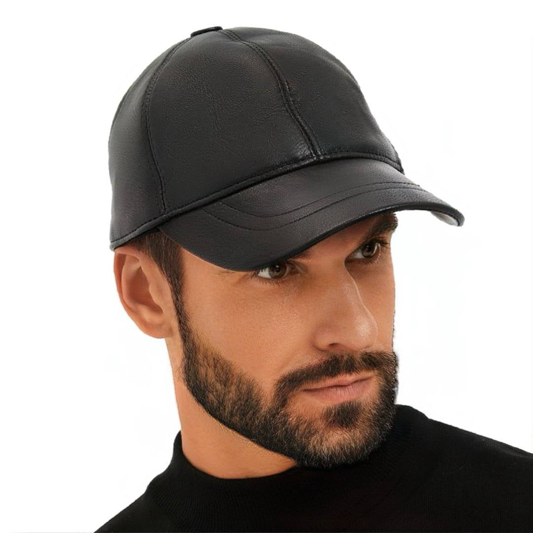 Black  Leather Baseball Cap Adjustable  Real Lambskin Leather Hat Sports Visor