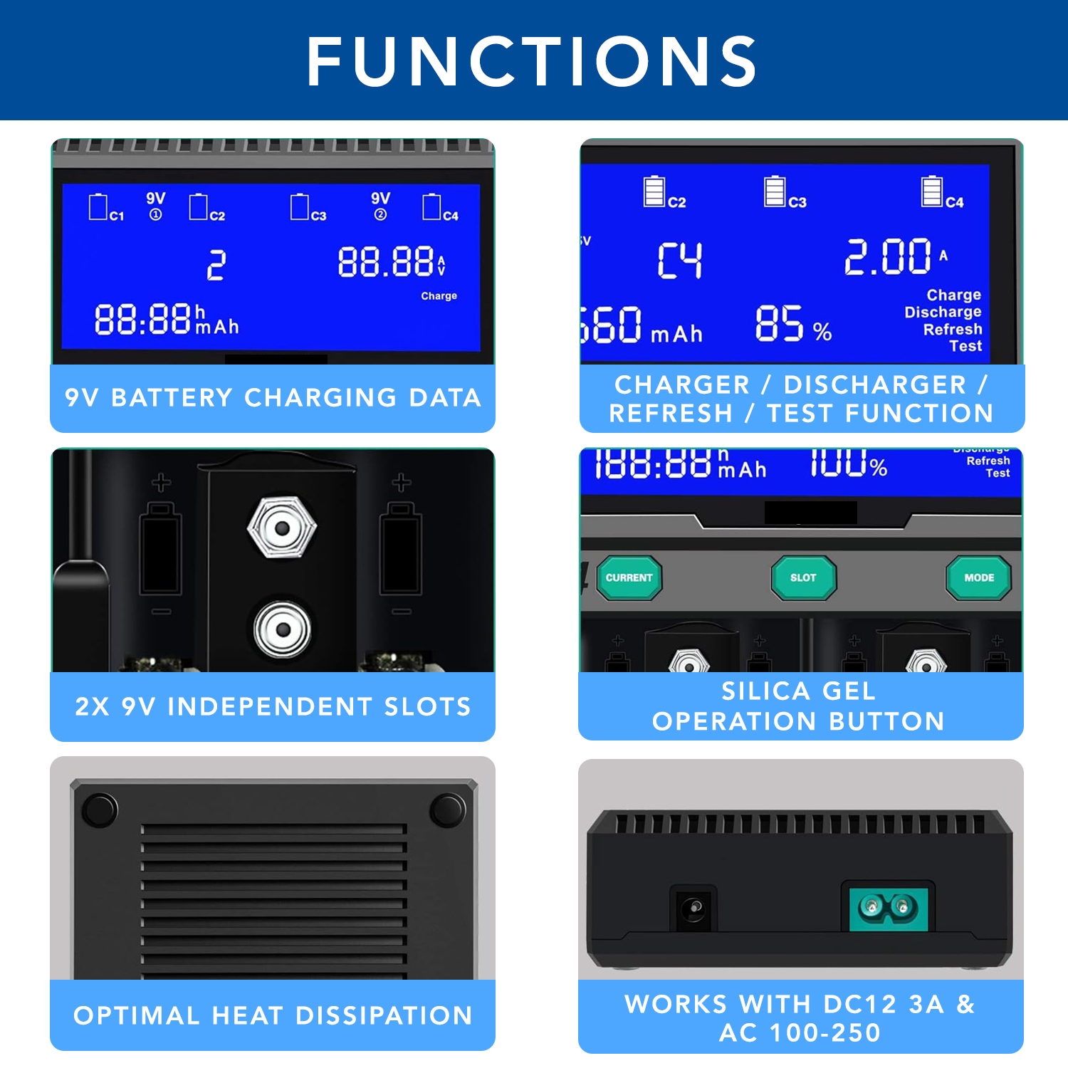 MaximalPower Universal Smart Battery Charger with Smart LCD Display for Rechargeable 9V AA AAA C D 26650 Batteries Li-ion Ni-MH - 6 Bay (2x 9V Battery Bays and 4x Universal Bays)
