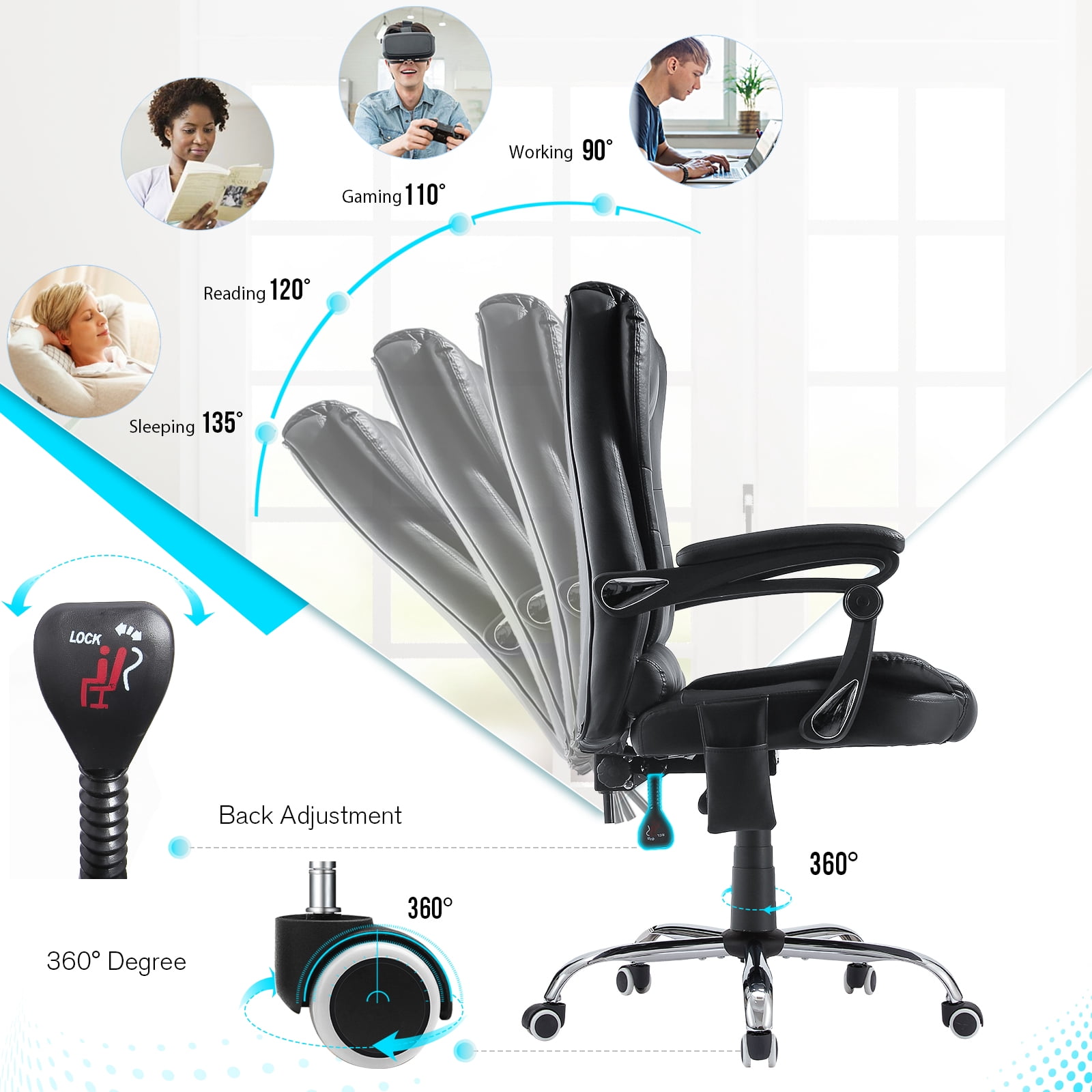 YODOLLA Ergonomic Reclining Office Chair Adjustable Height Computer Chair Big and Tall Executive Faux Leather Swivel Fabric Chair for Office, Home,Black