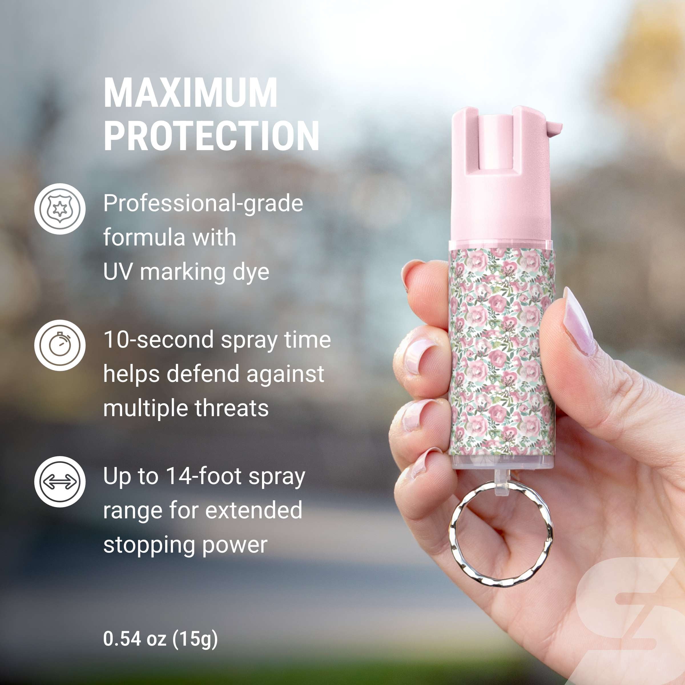 SABRE Fashionable Floral Pepper Spray with Key Ring, Pink, 1 Count, Pocket Pepper Sprays