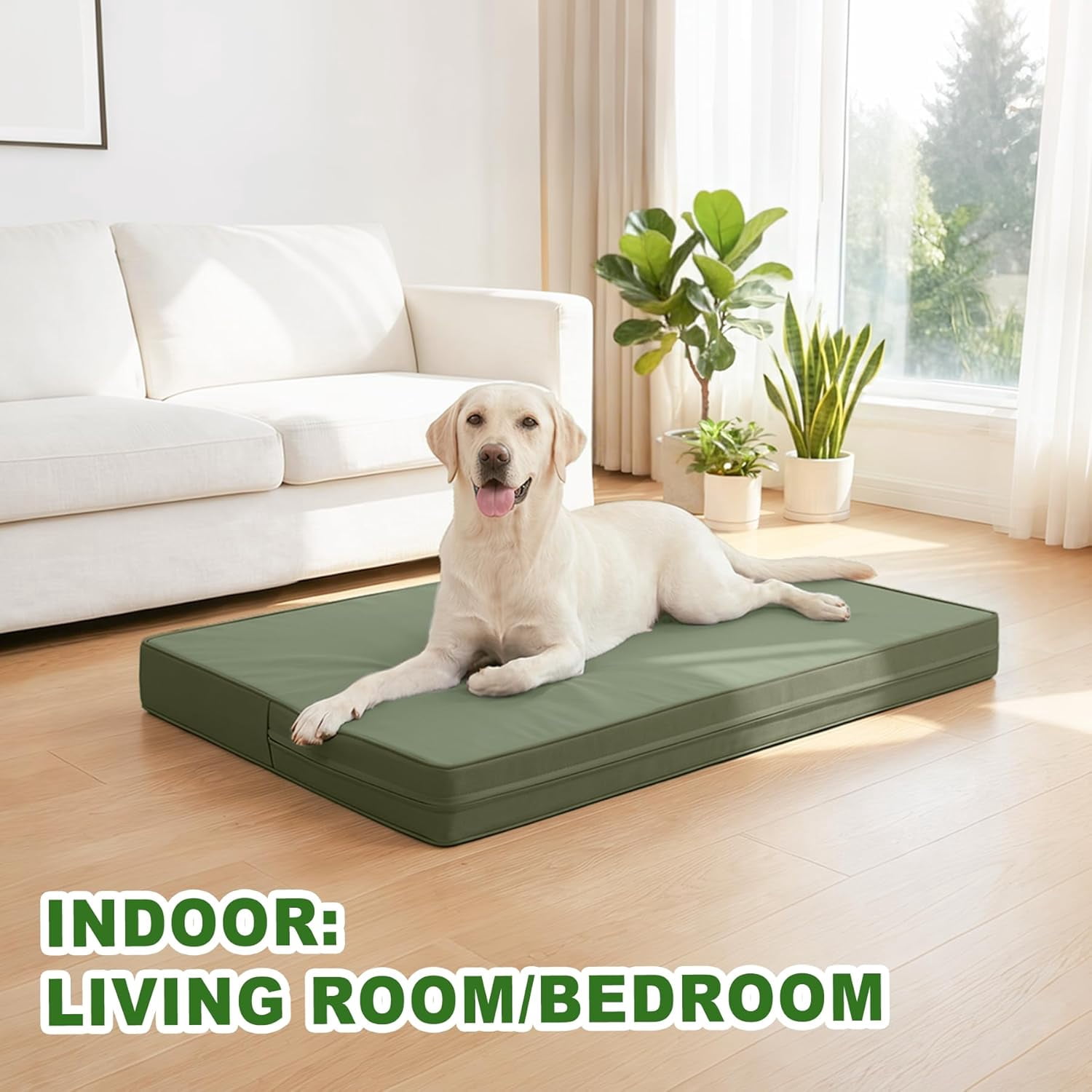 Outdoor Dog Bed Waterproof Washable, XXL Crate Pad 48 Inch, Cooling Wipeable Leather Pet Beds with Removable Cover Reversible, Durable Anti-Slip Kennel Pads 47"x29" Green