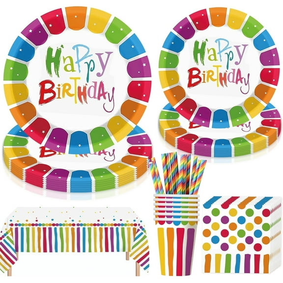 101 Pcs Rainbow Birthday Party Tableware, Boriyuan Colorful Birthday Party Supplies Set with Paper Plates Cups Straws Napkins Tablecloth for Birthday Decoration (20 Guests)