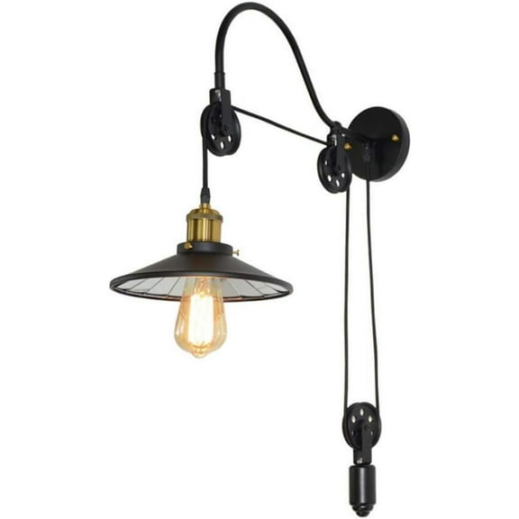 1-Light Wall Sconce Industrial Lift Pulley Wall Lamp Adjustable Gooseneck Wheel Wall Mounted Light Mid Century Wheel Wall Lamp Light Fixture with Mirror Shade,Black