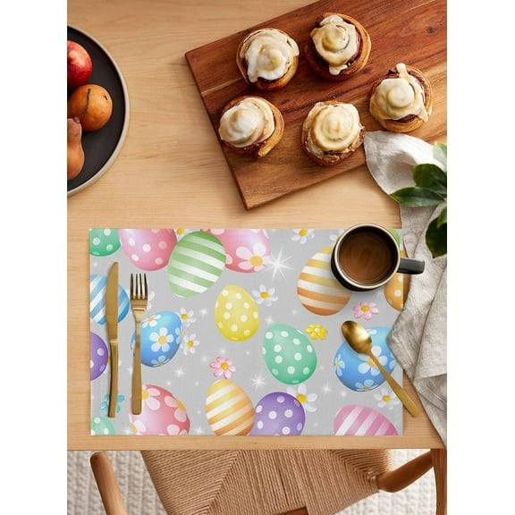 Easter Eggs Placemats Set of 4, Washable Woven Burlap Cloth Fabric Placemat for Square/Rectangle/Round/Oval Dining Table, Easy Clean Place Mats for Toddlers, Kids Spring Summer Flower Seasonal Holiday