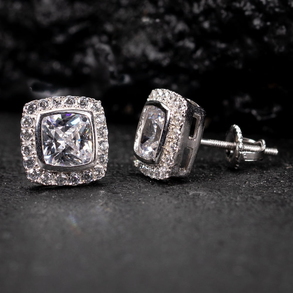 Elegant Square Halo Brilliant Iced Cushion Cut Cz Sterling Silver Hip Hop Men's Women's Stud Screw Back Earring Icy 5A Cubic Zirconia Unisex Small 10mm Earrings