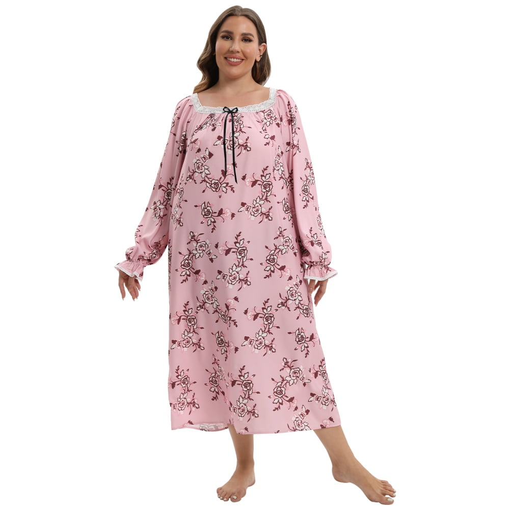 Womens Long Nightgown Floral Night Dress With Long Sleeve for Ladies ...