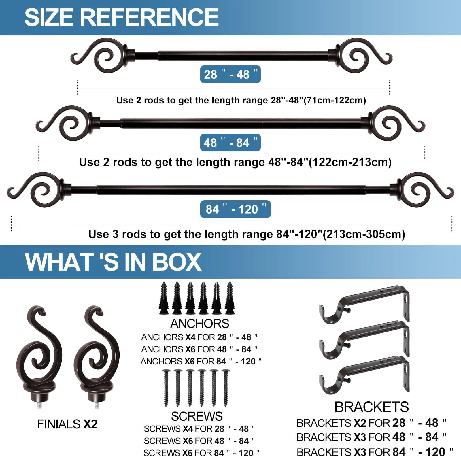 Urbanest 3/4" French Scroll Cast Forged Iron Single Curtain Rod – Designer Cast Iron Drapery Hardware with Elegant Finials, Easy-Mount, Heavy-Duty, 28" to 48", Oil-rubbed Bronze (ORB)
