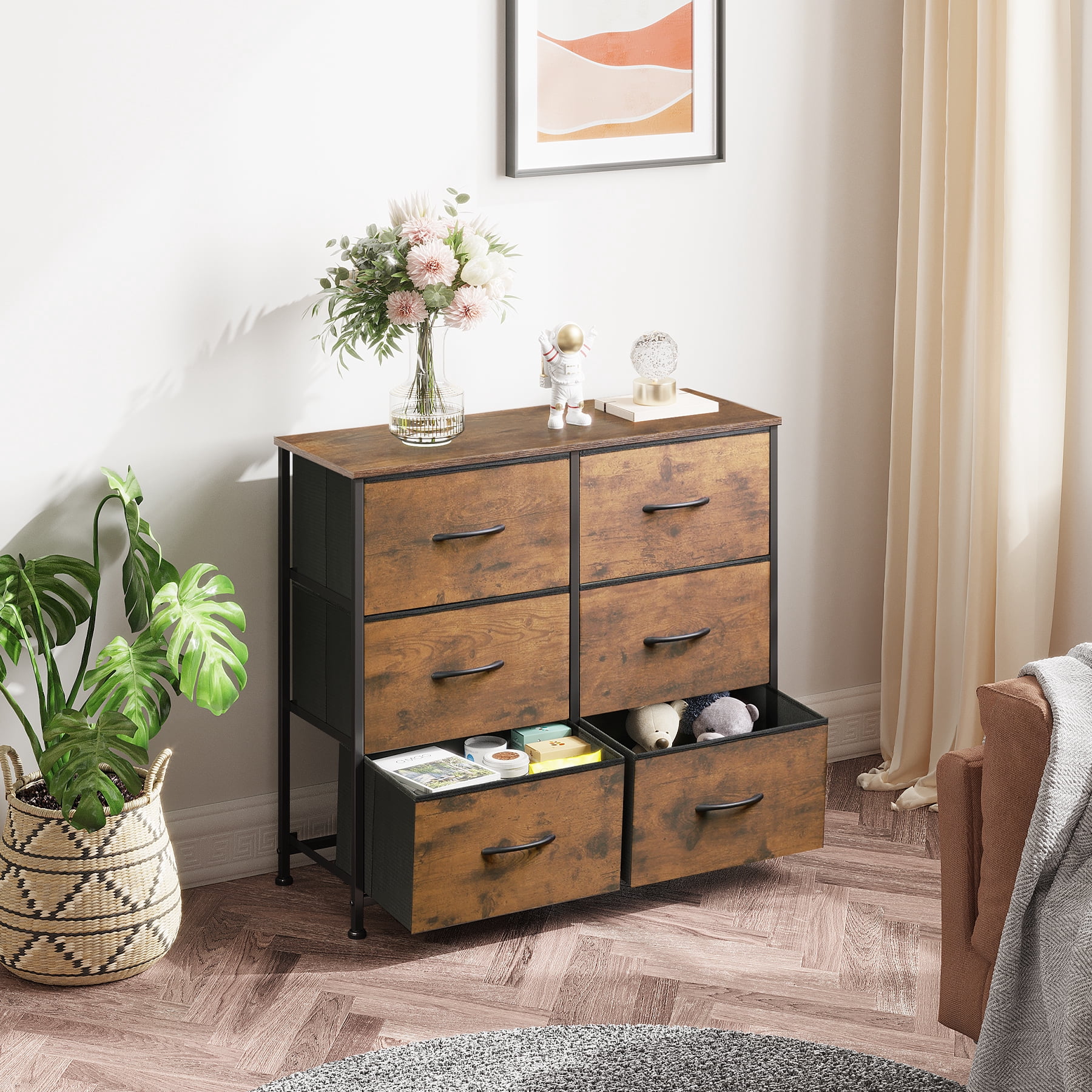 GALAXHERO 6 Drawer Dresser, Fabric Double Dresser, Storage Tower with Fabric Bins, Chest of Drawers for Bedroom, Closet, Living Room, Hallway, Rustic Brown Wood Grain Print