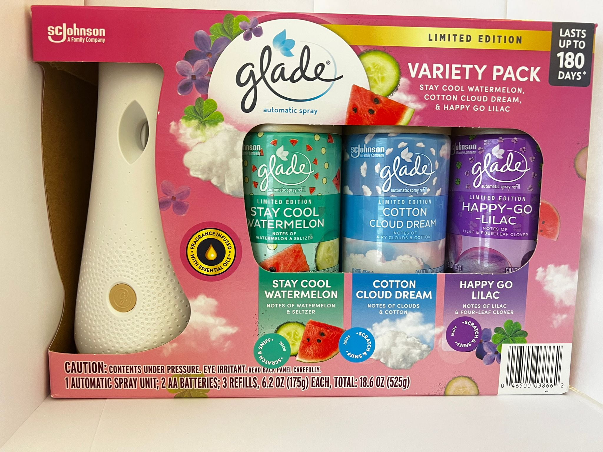 Glade Automatic Spray Kit Limited Edition Variety Pack (Stay Cool Watermelon, Cotton Cloud Dream, and Happy Go Lilac)