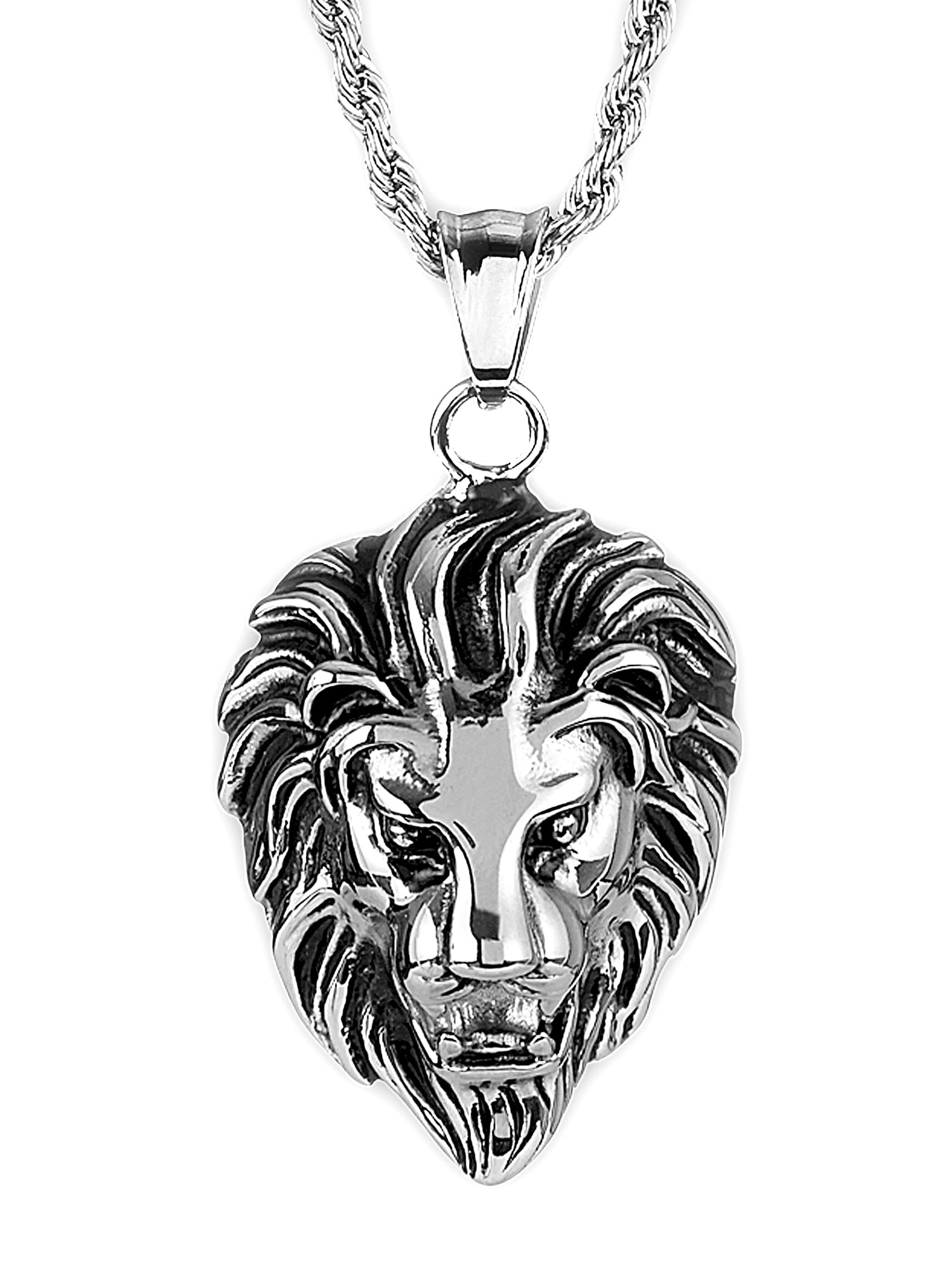 AMDXD Necklace Mens Stainless Steel Lion Head CZ Insert Pendant Necklaces Necklaces Vintage 3.5x4.9CM 