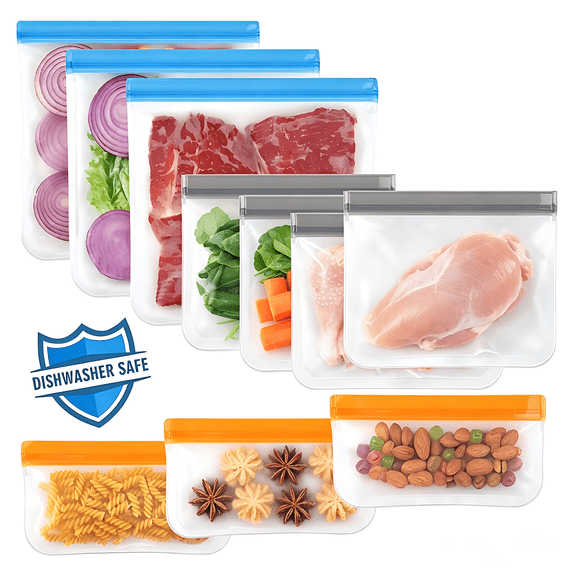 Dihmpor  10 Pack Dishwasher Safe Reusable Bags, Leakproof Reusable Freezer Bags, BPA Free Food Storage Bags for Marinate Food Travel - 3 Gallon 4 Sandwich 3 Snack
