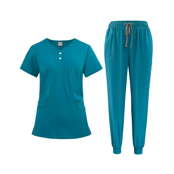 JGNGSHN Scrubs Suit Set for Women Button V-Neck Pockets Top & Drawstring Jogger Scrub Pants Stretch Nursing Scrubs Set Uniform 8 Pocket