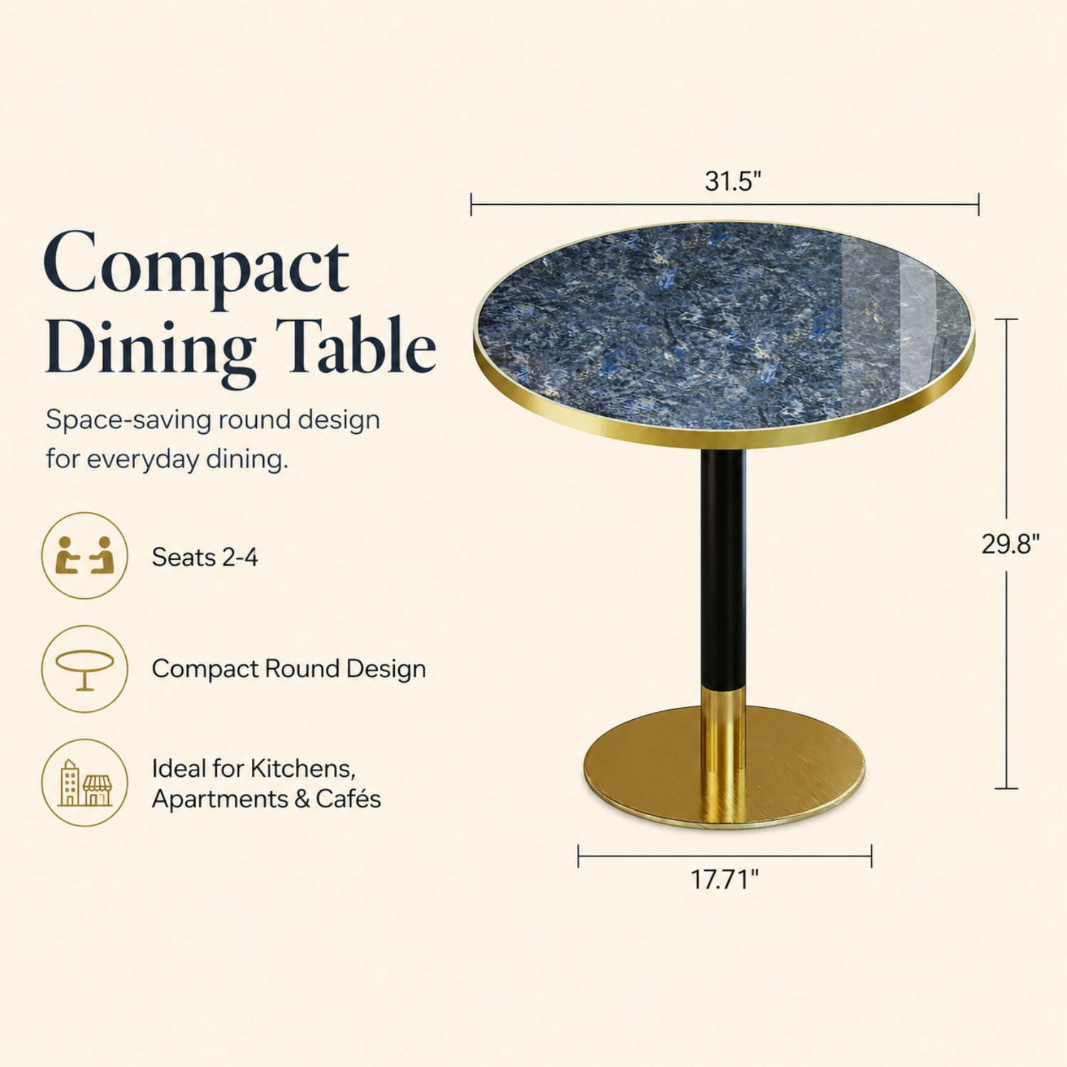 Miniyam 31.5 Inch Round Dining Table for 2 to 4, Sintered Stone Top, Tulip-Style Pedestal Kitchen Table, Blue