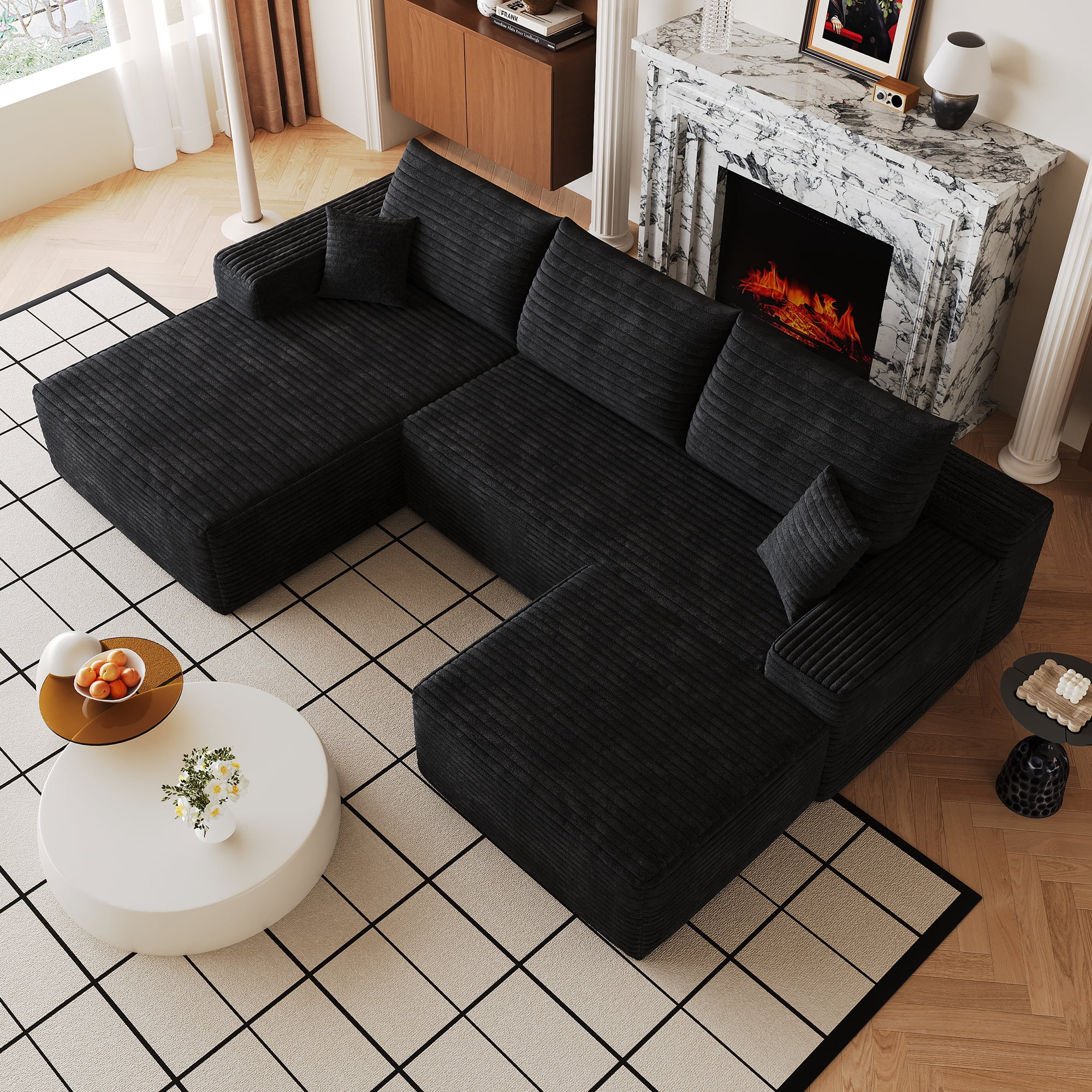 Cloud Sectional Sofa 107 Inch, U-Shaped Modular Couch with Ottoman and Corduroy Fabric, Deep Seat Corner Sofa for Living Room, No Assembly Required, Black