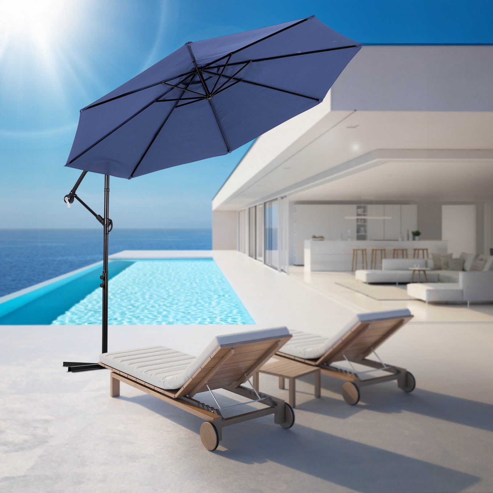 Backyard Expressions 10ft Offset Hanging Patio Umbrella with Crank Lift & Tilt, Outdoor Market Umbrella with UV-Resistant Canopy, Cross Base, and Air Vent for Backyard, Deck, Poolside, or Garden