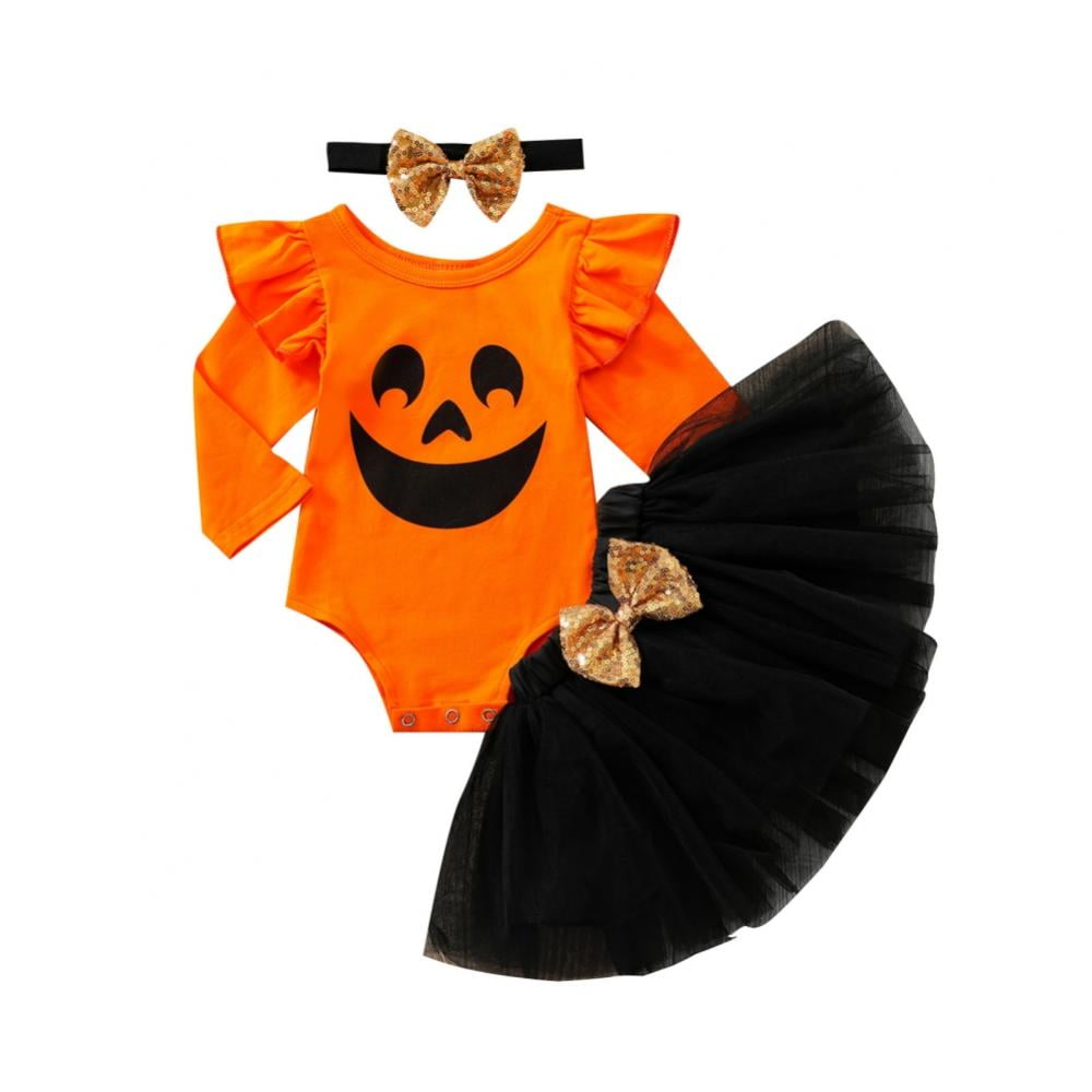 Baby Girls 2pcs Halloween Pumpkin Face Outfits Long Sleeve Stripe Rompers with Headband 