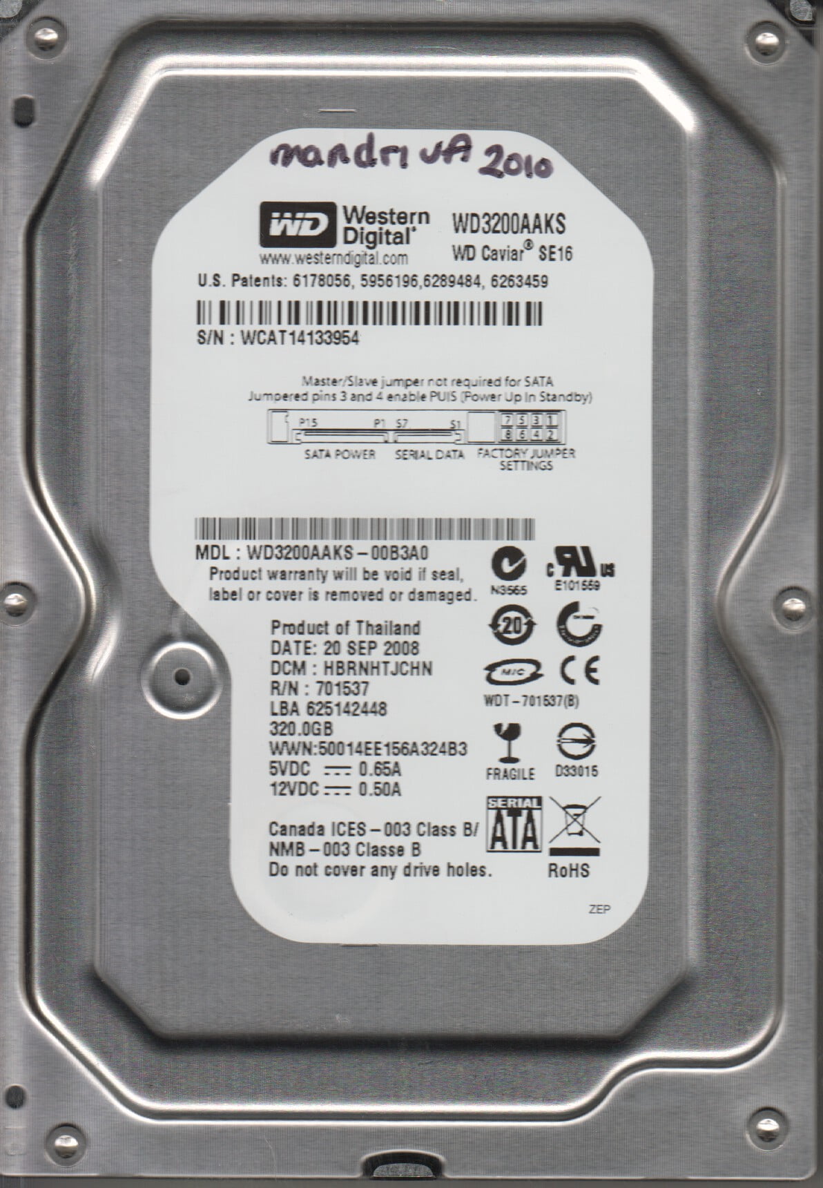 Disque dur Western Digital WD5000AAKS 500Go 3.5 SATA HDD 7200 tr/min