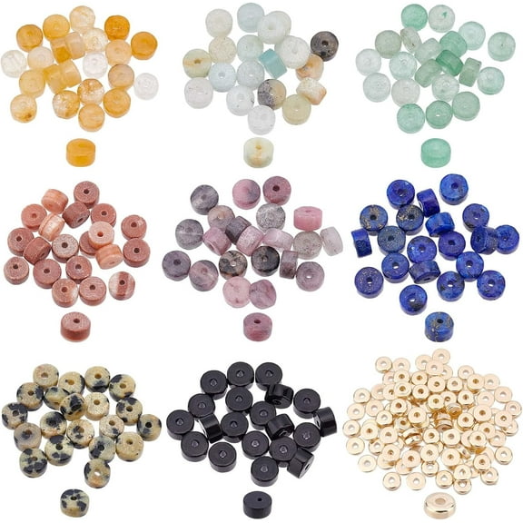 260 Pcs Heishi Beads Kits 160 Pcs 8 Styles Natural Gemstone Beads Flat Round Loose Beads Heishi Disc Beads with 100 Pcs Golden Spacer Beads for Bracelet Necklace Earrings Jewelry Making