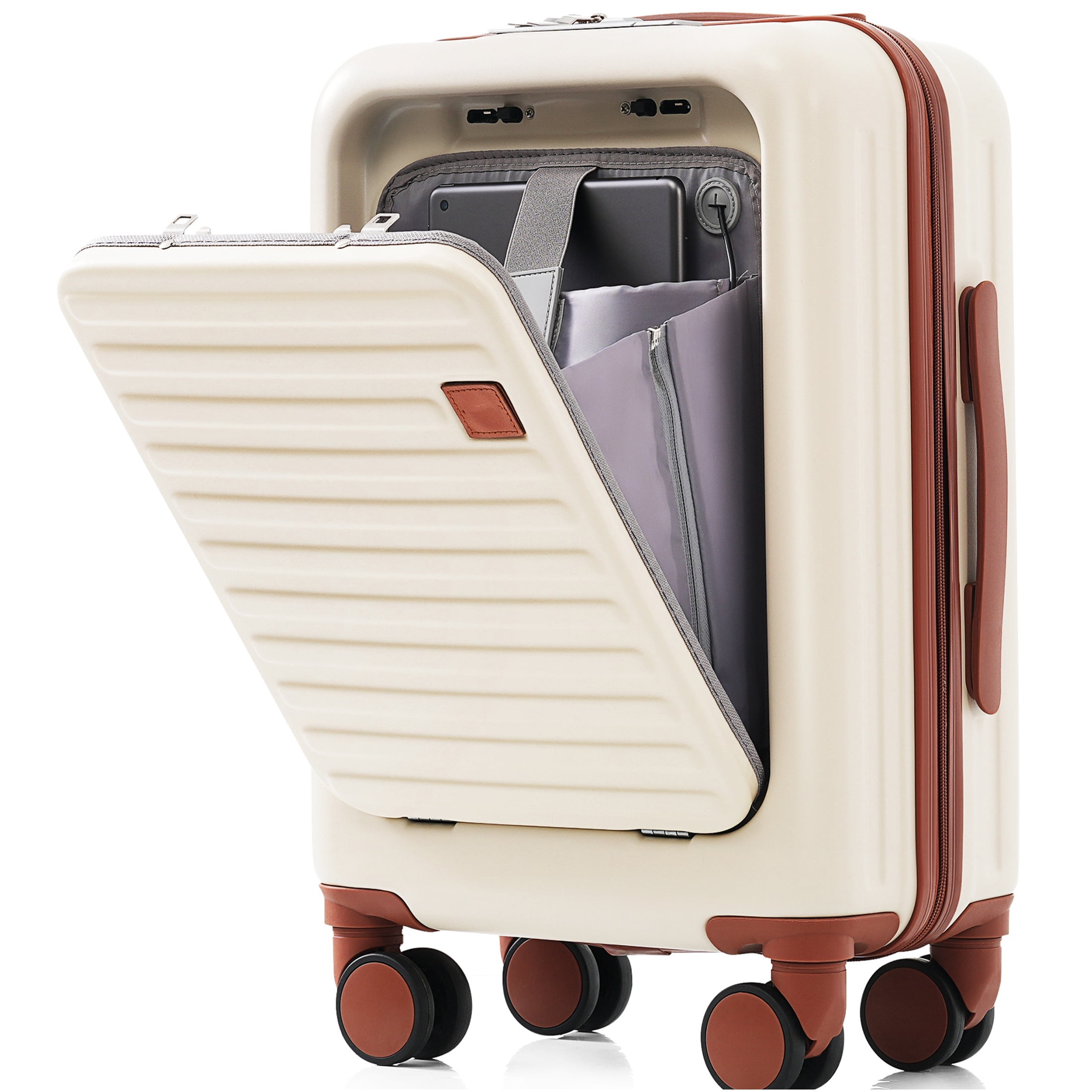 JERFIT 3-Piece Hard Shell Spinner Luggage Set with USB Port, Front Pocket & Cup Holder, Airline Approved Carry On, ABS Suitcase in Ivory