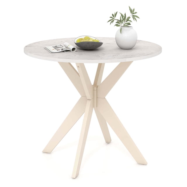 Costway Round Dining Table 36" Faux Marble Tabletop Rubber Wood Legs Kitchen White