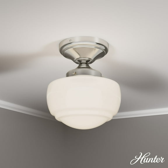 Hunter - Saddle Creek 1-light Brushed Nickel, Small Flush Mount Light, Dimmable, Schoolhouse Style, Schoolhouse Shaped, for Bedrooms, Dining, Living Rooms - 19048