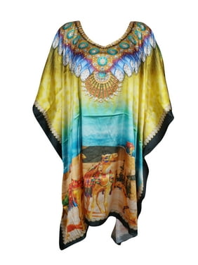 Mogul Women Colorful Short Kaftan Jewel Print Beach Cover Up Resort Wear Housedress Caftan Dress One Size