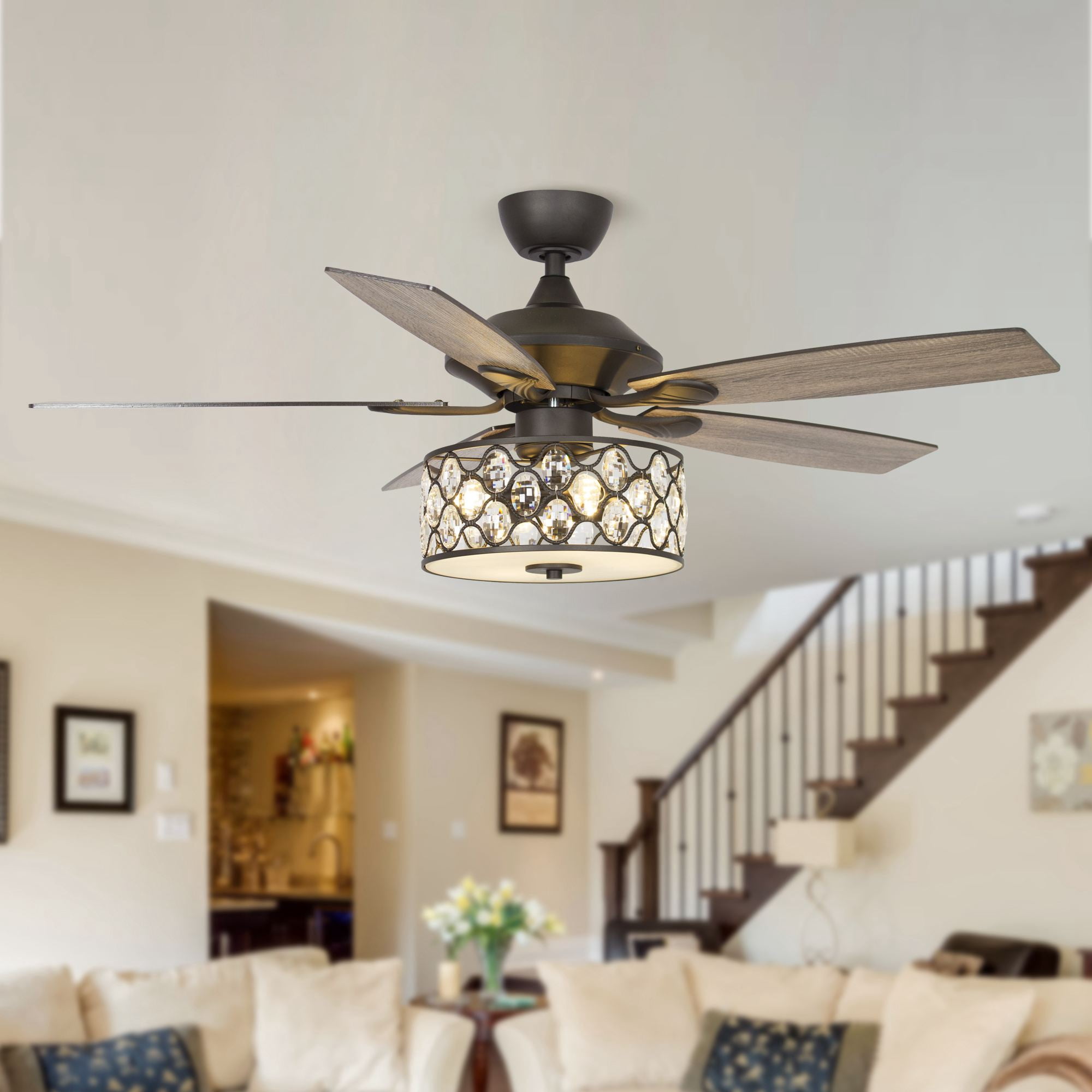 Parrot Uncle 52 inch Black Crystal Chandelier Ceiling Fan with Remote Control and Reversible Blades