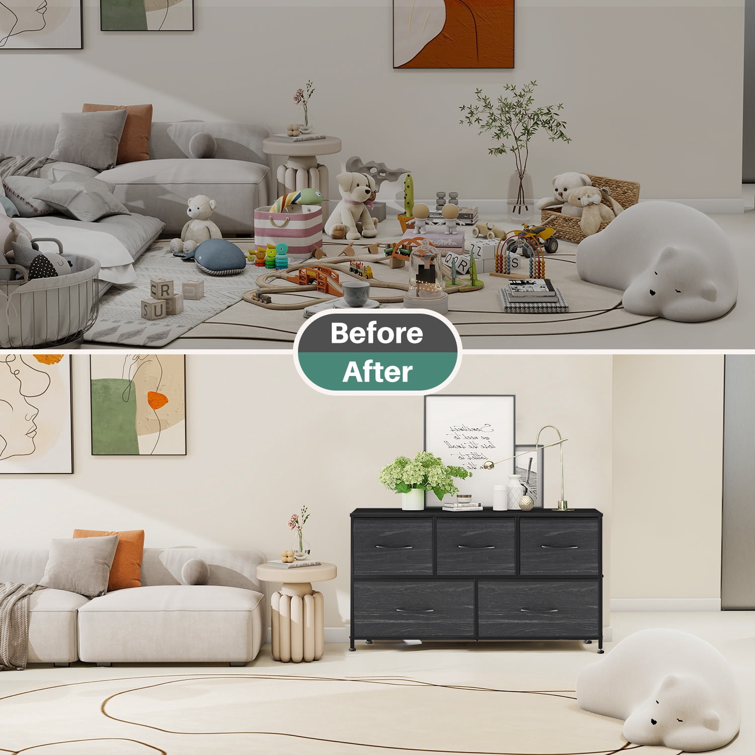 Beddle Dresser with 5 Fabric Drawers for Bedroom, Wide Storage Chest with Drawer Organizer for Closet or Living Room, Black