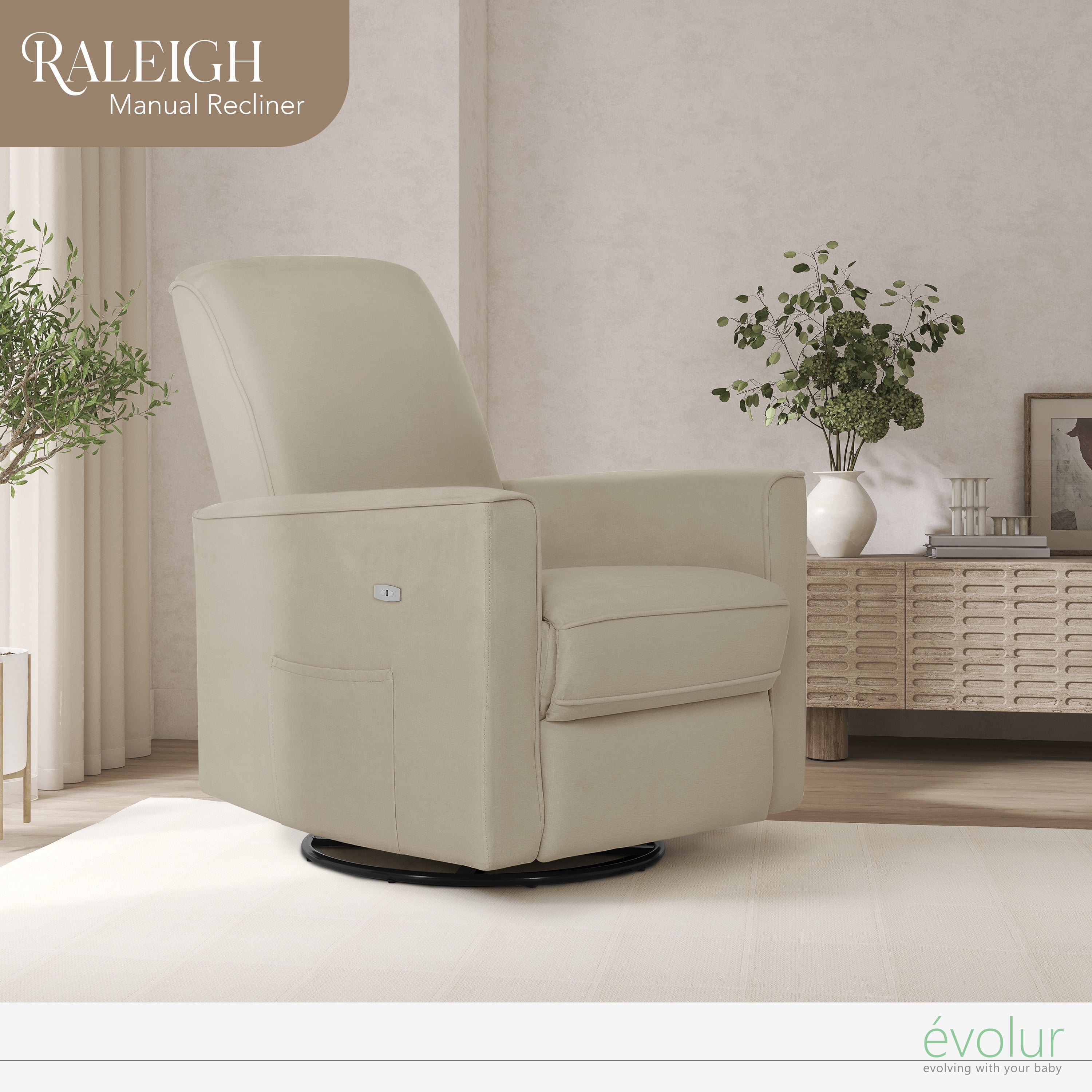 Evolur Harlow Deluxe Upholstered Plush Seating Glider Swivel, Power Recliner with USB Port, Greenguard Gold Certified, Glider Chair for Nursery, Fawn