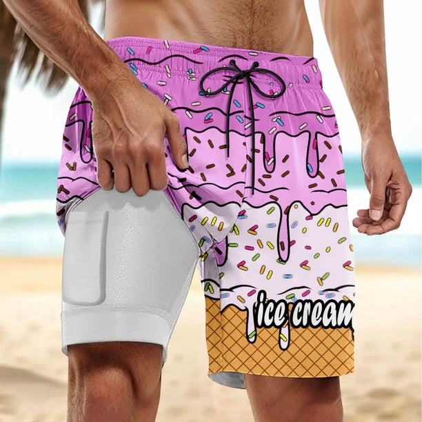 WILLBEST Pantalones Cortos Deportivos para Hombre, para Fiestas de Verano En La Piscina y Playa, Bañador de Doble Capa con Estampado de Hielo Derretido para Días de Playa y Uso Cómodo.