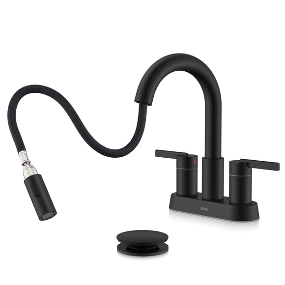 KENES Matte Black Centerset Bathroom Faucet with Pull Out Sprayer, 4 Inch 2 Handle Pull Down Bathroom Faucet 3 Hole, Bathroom Sink Faucet with Pop Up