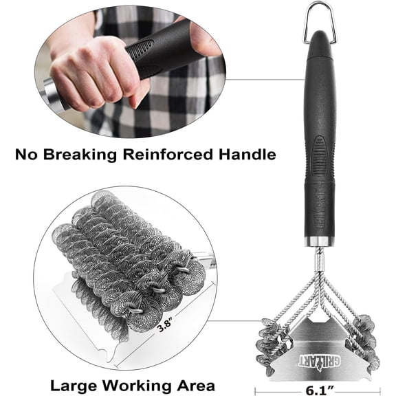 CUKIXA 3-Head Stainless Steel Grill Brush and Scraper, Bristle-Free BBQ Grill Cleaner Tool with 18" Handle, 6.1" Scraper for Porcelain, Weber Gas & Charcoal Grills (0.94lb)