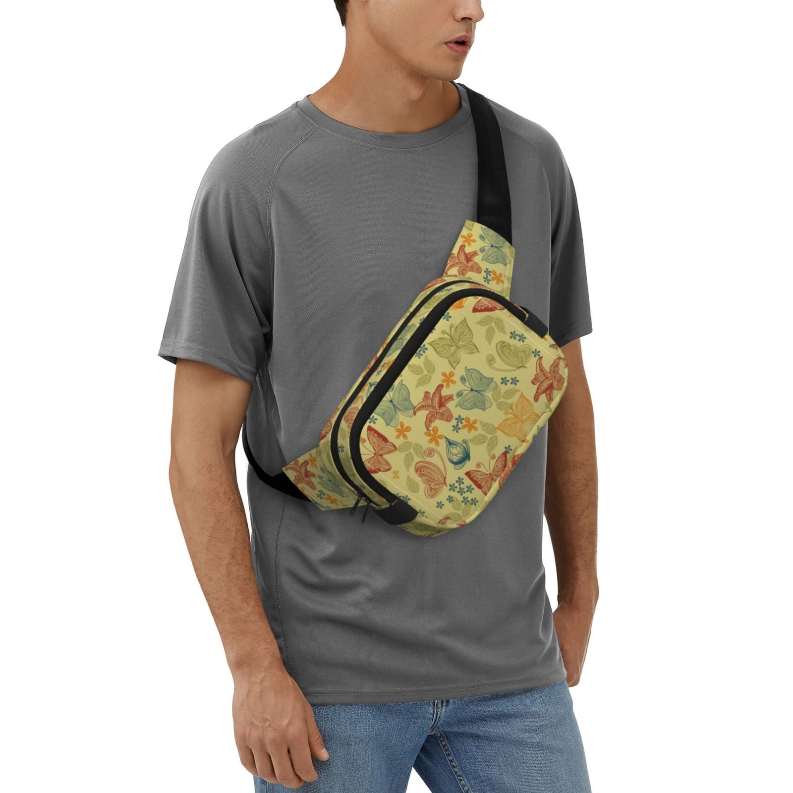 Picia Floral with Butterflies Print Square Double-Layer Waist Bag Mini Adjustable Waist Belt Bag Exercise Running Travel Hiking