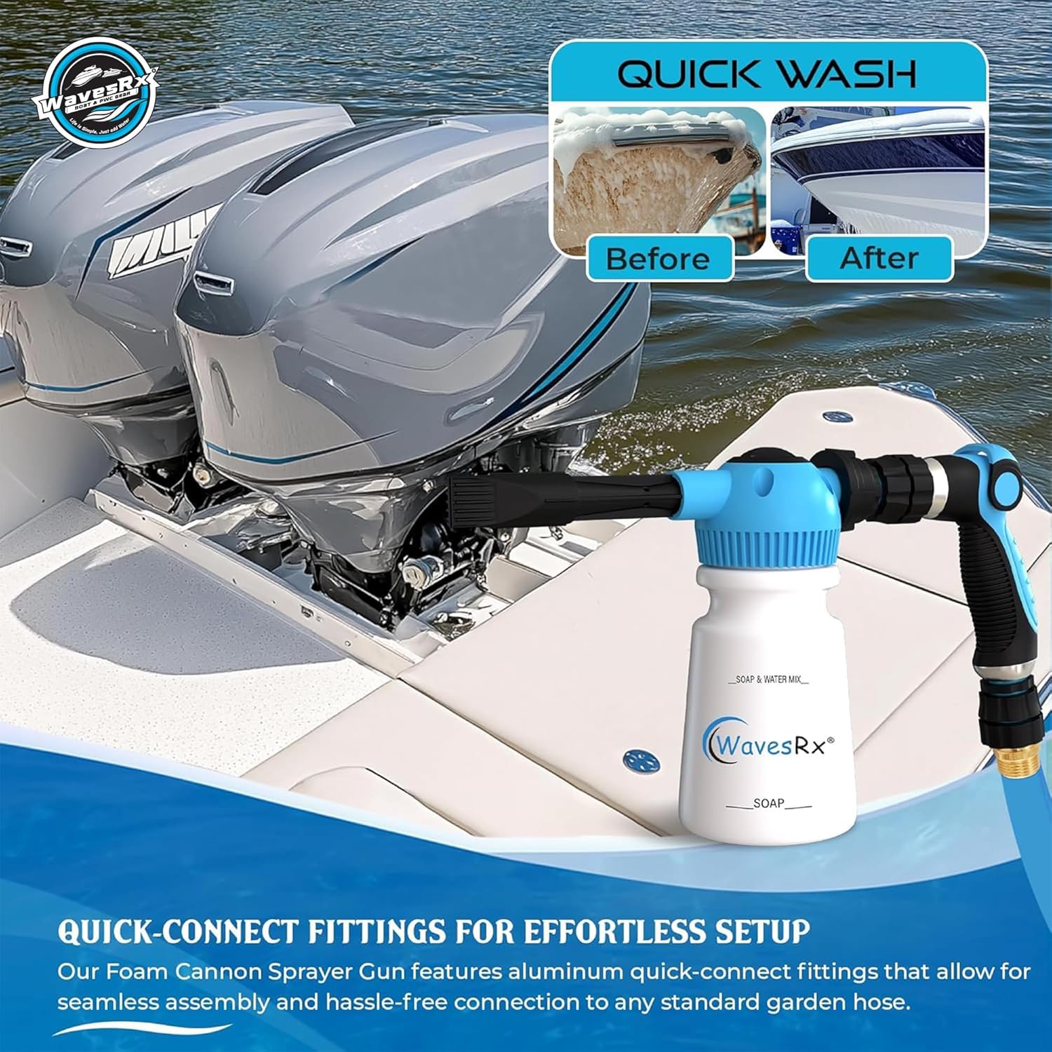WAVESRX Foam Cannon Sprayer Gun and Boat Cleaner | Dual-Use Marine Soap Foamer to Quickly Wash and Rinse Salt Away