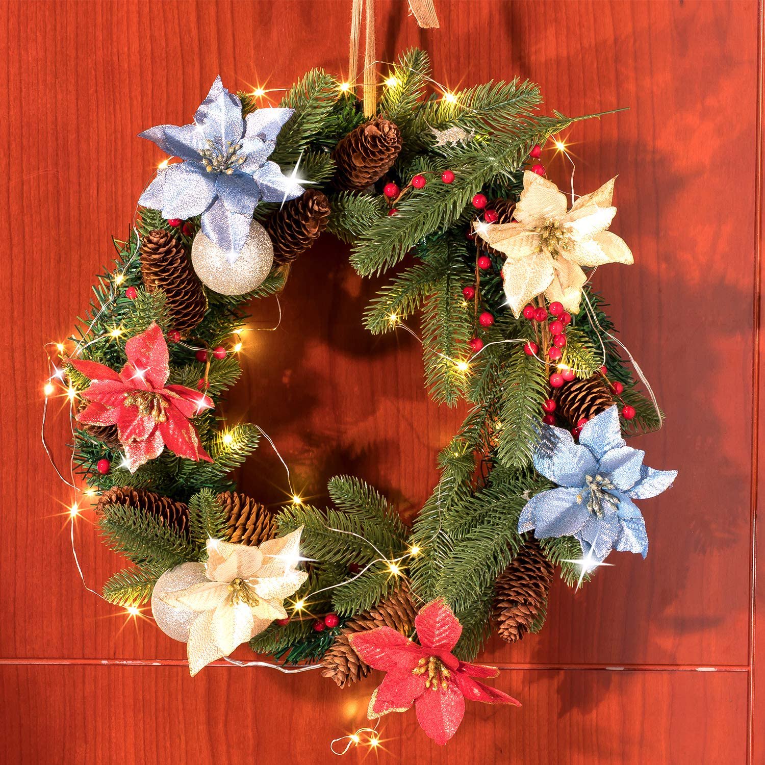 Lot De 12 Fleurs Artificielles à Paillettes Rouges Avec Pinces - Décoration Sapin Noël, Couronne, Fête