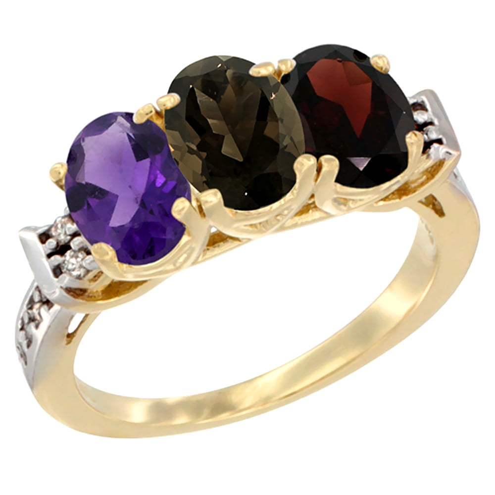 14K Yellow Gold Natural Amethyst, Smoky Topaz & Garnet Ring 3-Stone 7x5 mm Oval Diamond Accent, sizes 5 10 by WorldJewels