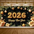 thumbnail image 6 of Gold Theme 2026 New Year Banner Shiny Design Happy New Year Banner Gift Box Decor Pine Branch Ornament New Year Party Banner for New Year Party 2026 Countdown Family Gathering, 6 of 9