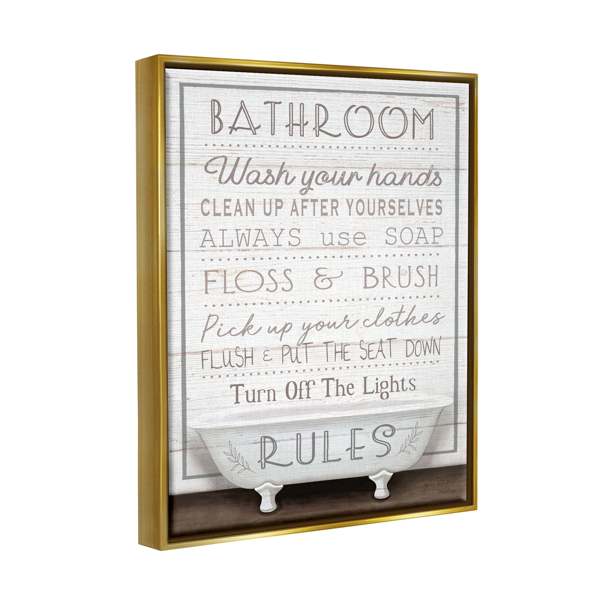 Stupell Industries Rustic Bathroom Rules Tub Typography Painting Gold Floater Framed Canvas Art Print Wall Art, 17 x 21