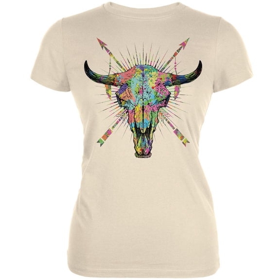 Splatter Cow Skull Cream Juniors Soft T-Shirt - Medium