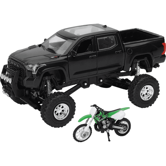 NewRay Toyota Tundra Off-Road Pickup Truck with Kawasaki Dirt Bike, 1:32 Scale, Black