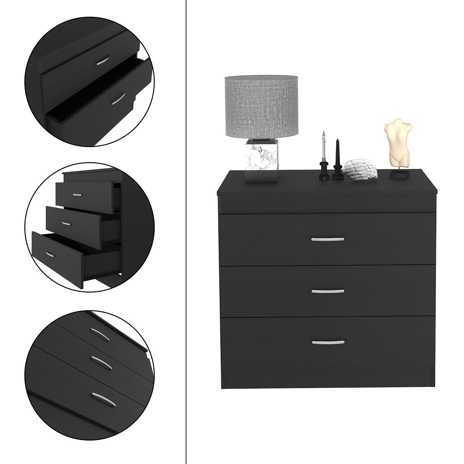 Kadyn Three Drawer Dresser, Chest of Drawers with Metal Hardware, Nightstand for Living Room, Black Storage Cabinet Kadyn Three Drawer Dresser, Chest of Drawers with Metal Hardware, Nightstand for Living Room, Black Storage Cabinet