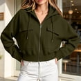 thumbnail image 3 of Women's Cropped Zip‑up Hoodie Jacket, Long Sleeve Drawstring Hooded Jacket with Flap Cargo Pockets, Loose Casual Sweatshirt for Fall Daily Green L, 3 of 9