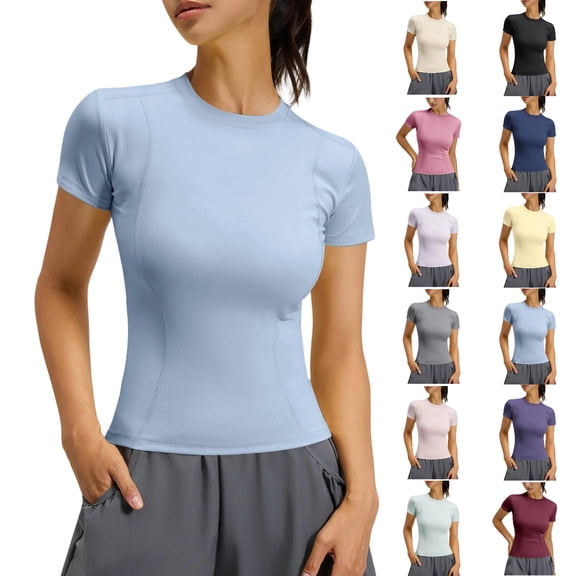 Viluyesy Women's Workout Tops Short Sleeve Slim Fit Quick Dry Crew Neck Athletic Yoga Gym T Shirts Light Blue Size L