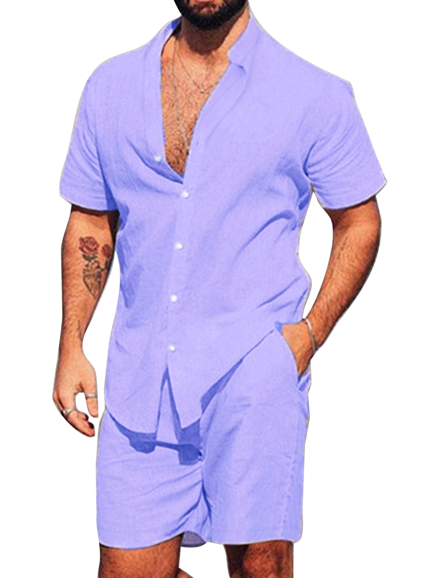 Pyjama 2 Pièces Homme été - Chemise Manches Courtes + Short - Tissu Coton Léger Et Respirant - Confort Maison Et Nuit - Col Rond Boutonnée - 11