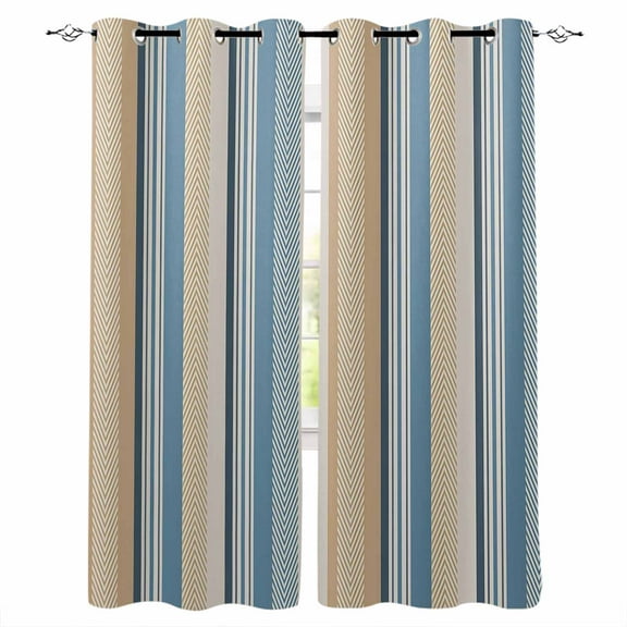 Fsddascl Blue Brown Beige Blackout Curtains for Bedroom/Living Room, Thermal Insulated Kitchen Curtains, Boho Farmhouse Abstract Stripes Art Grommet Darkening Window Treatment Drapes 42"x84"x2